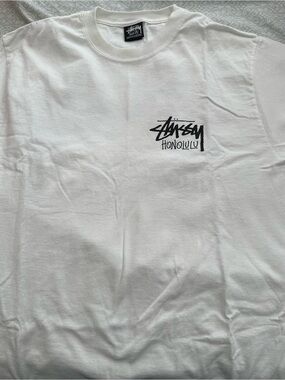 Stussy White T-Shirt with Black Honolulu Chest Logo